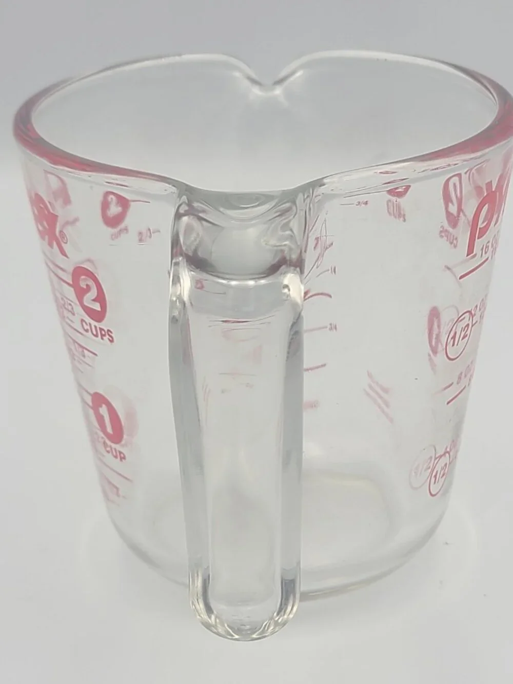 Vtg Pyrex 2 Cup Glass Measuring Cup Red Circle Numbers 16 oz USA J Hook Handle
